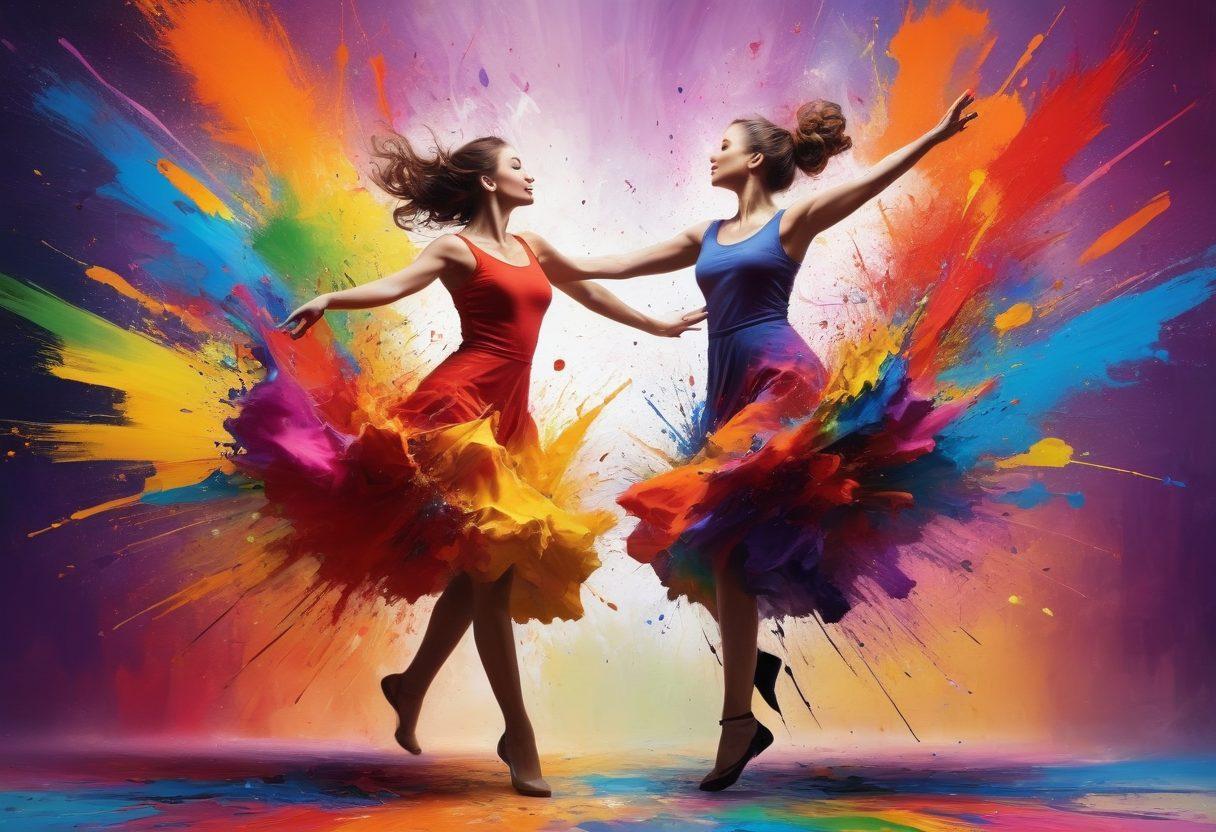 A colorful explosion of paint splashes and artistic tools like brushes and palettes, radiating energy and creativity. Add a figure joyfully dancing amidst the chaos of color, surrounded by inspiring quotes about creativity. The background should be bright and uplifting, symbolizing a journey of self-expression. vibrant colors. abstract art. energetic composition.