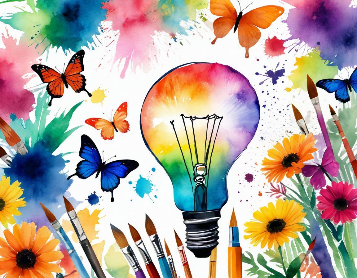 A vibrant collage showcasing various artistic tools like paintbrushes, palettes, and sketchbooks, intertwined with elements of nature like flowers and colorful butterflies. Include a radiant light bulb symbolizing inspiration, surrounded by colorful splashes of paint. The background should be a dreamy gradient that evokes creativity and joy. watercolor style. vibrant colors. white background.
